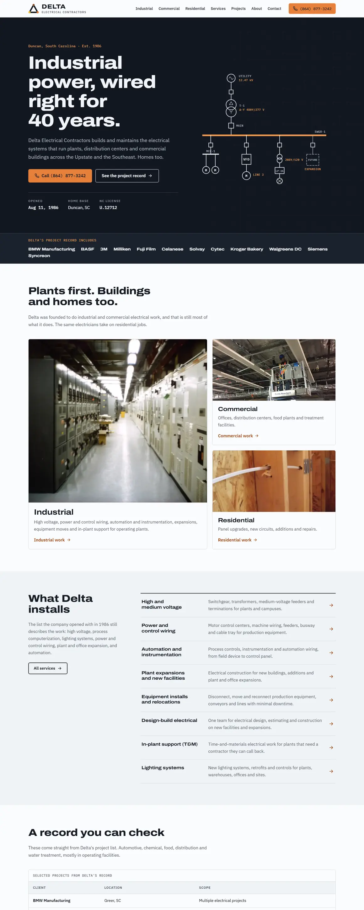 The Delta Electrical Contractors home page, top to bottom
