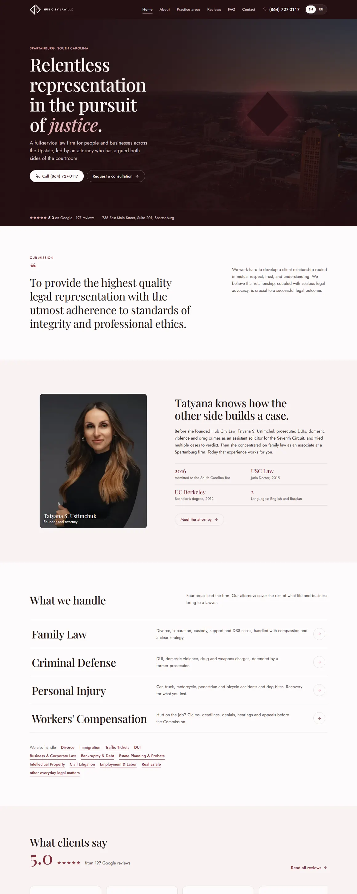 The Hub City Law home page, top to bottom