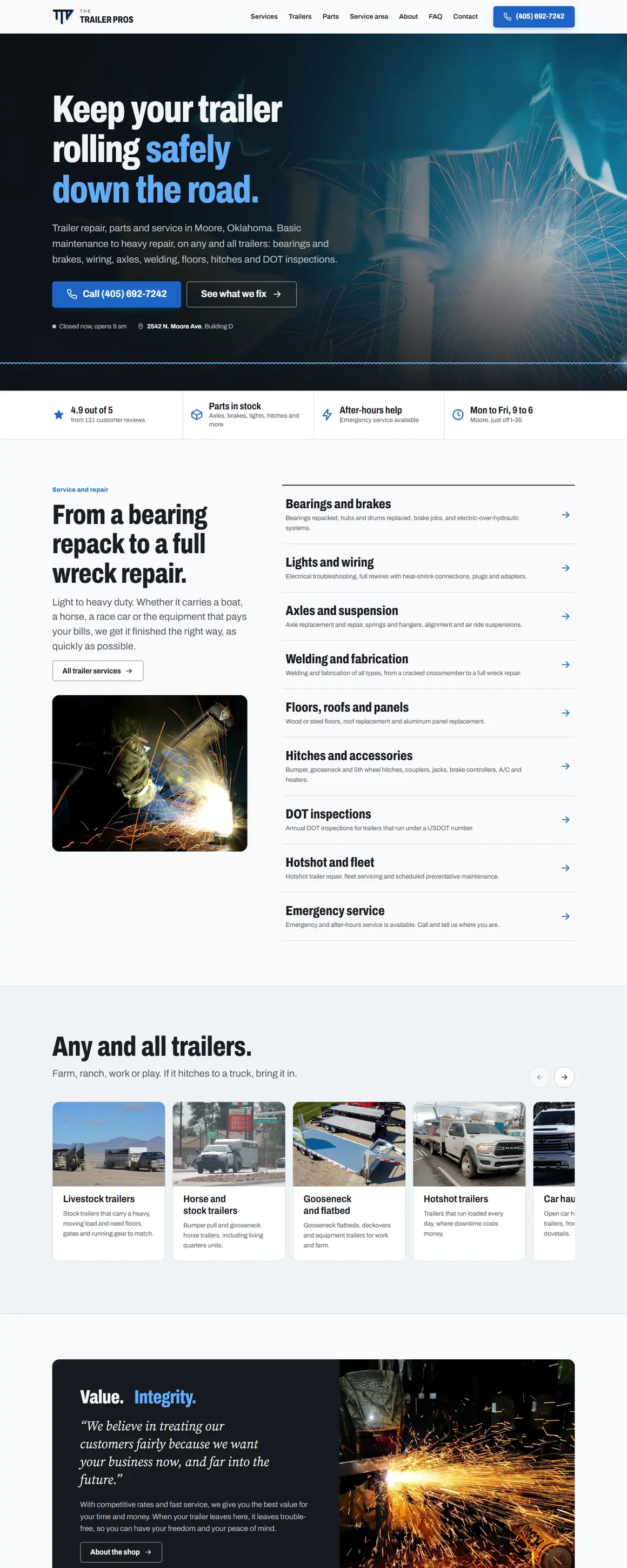 The The Trailer Pros home page, top to bottom