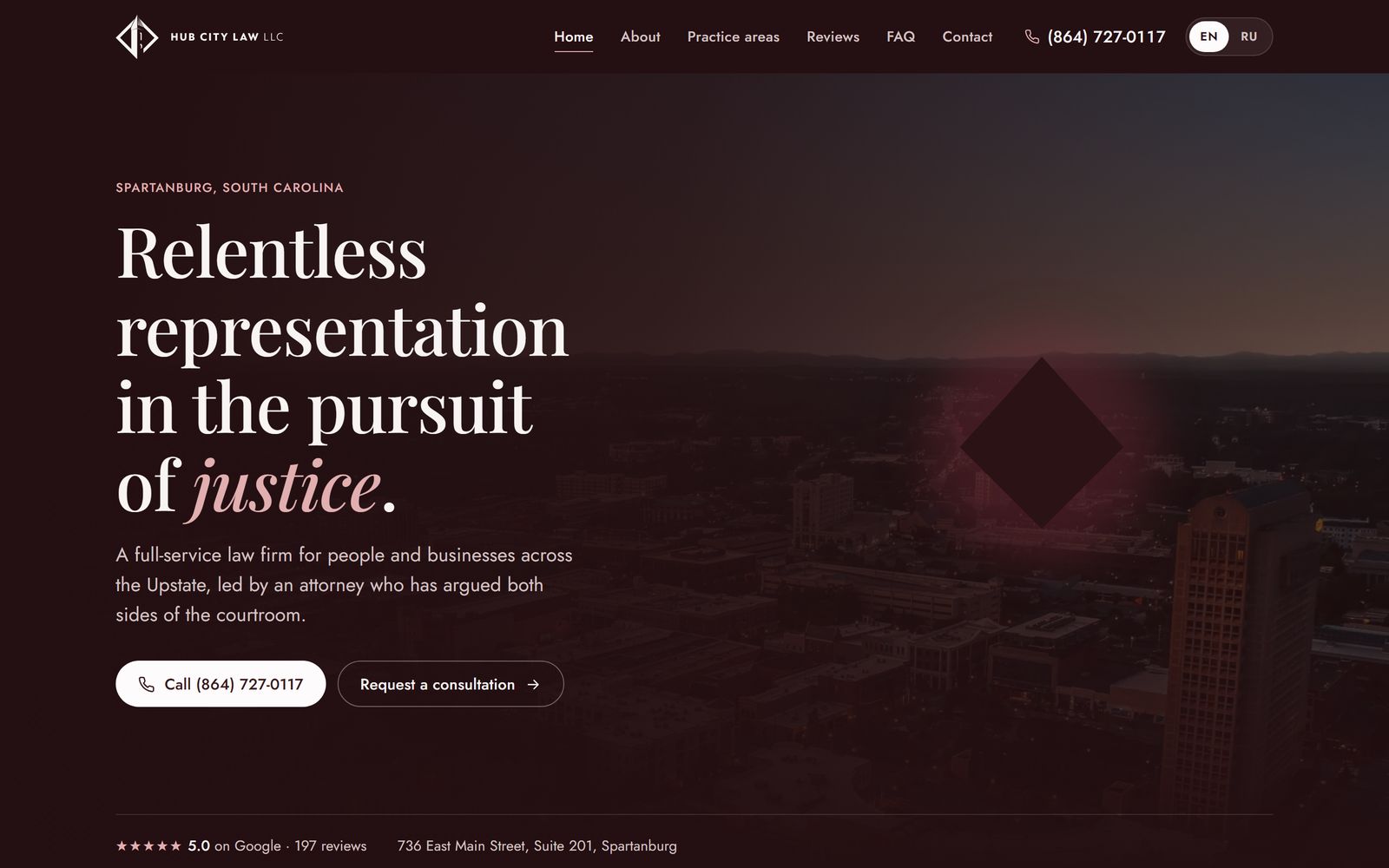 Home page of the Hub City Law website