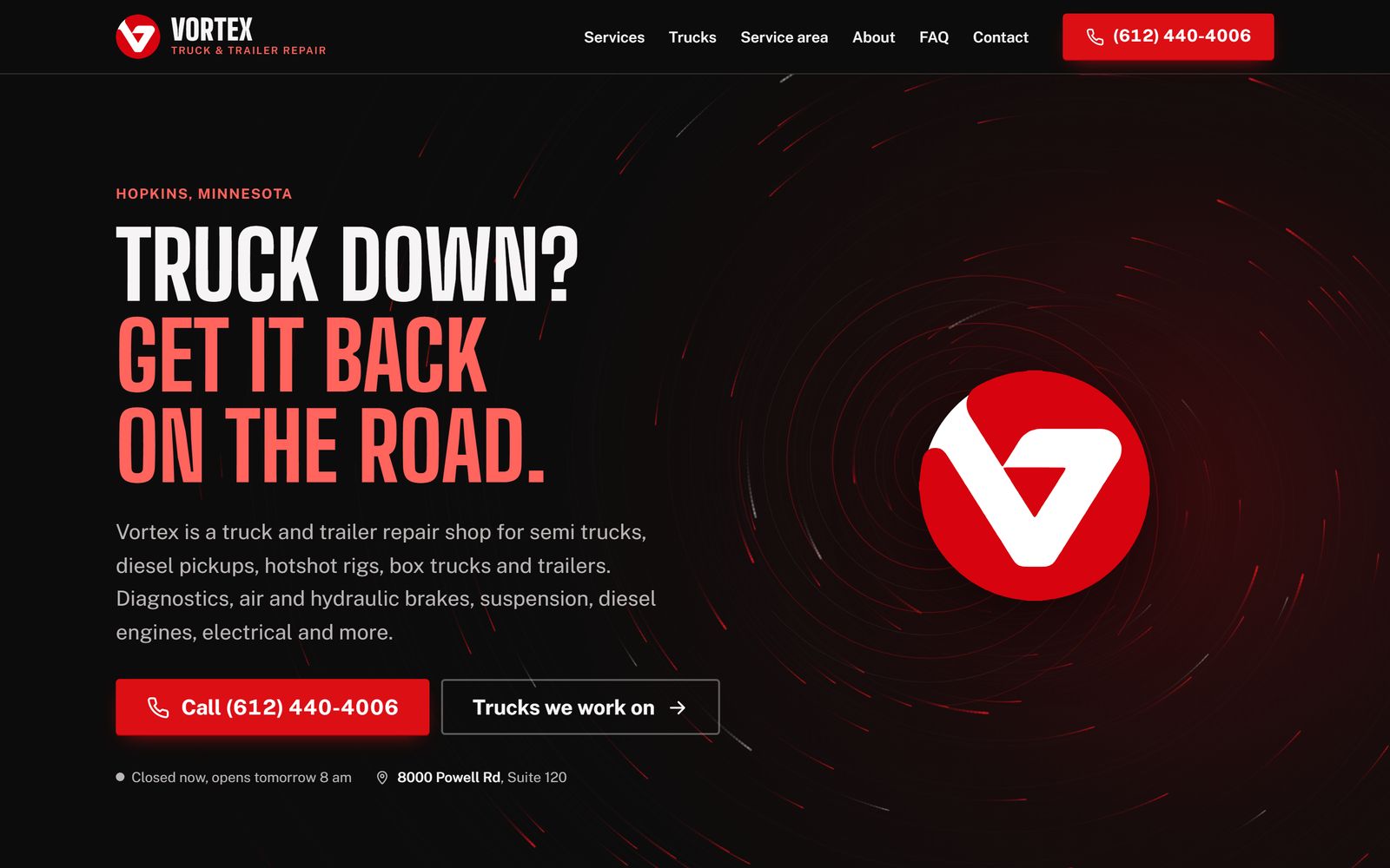 Home page of the Vortex Truck & Trailer website